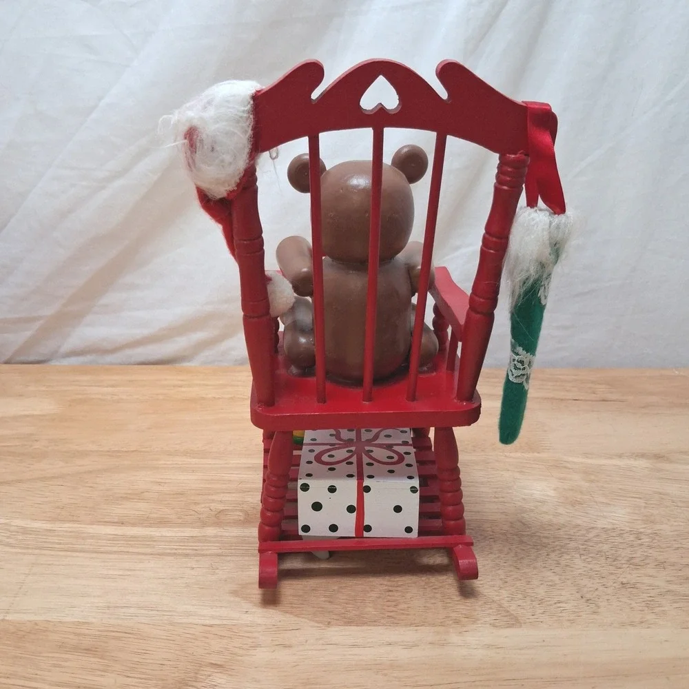 Vintage Teddy Bear Rocking Chair Musical Christmas Decor Red OS Good Pre-owned